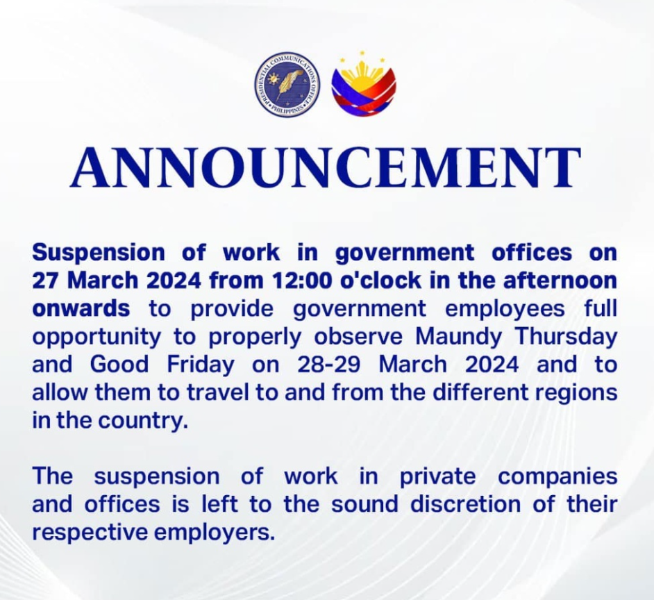 27日(周三)菲律宾政府只工作半日
